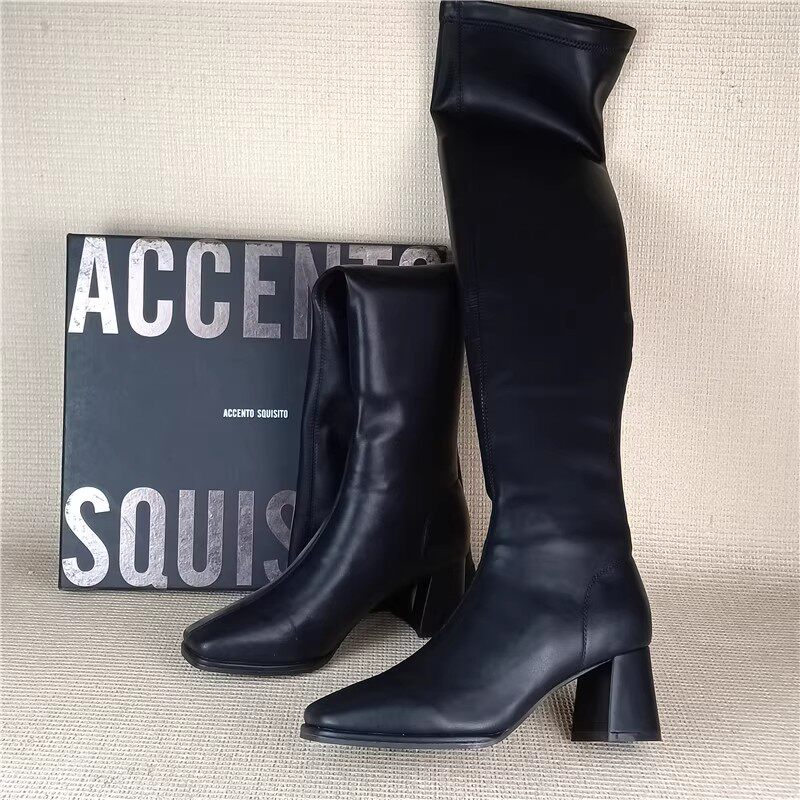 AS台湾品正品撤柜断码处理女长筒靴粗跟套筒百搭弹力过膝靴瘦瘦靴