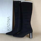 卡迪娜专柜正品 断码 处理粗跟长筒靴侧拉链弹力瘦瘦靴简约不过膝靴