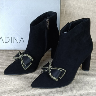 卡迪娜专柜正品撤柜断码真皮女靴高跟尖头气质百搭水钻蝴蝶结短靴