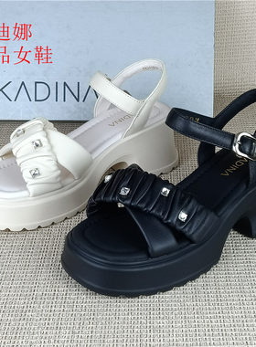 卡迪娜正品撤柜夏季真皮一字带扣厚底凉鞋女水钻粗跟增高羊皮女鞋
