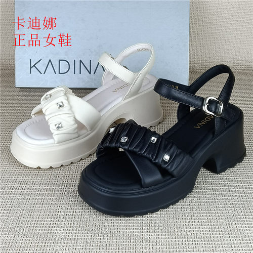 卡迪娜正品撤柜夏季真皮一字带扣厚底凉鞋女水钻粗跟增高羊皮女鞋