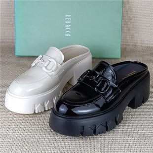 瑞贝卡正品撤柜断码处理真皮女鞋粗跟百搭洋气包头鞋厚底松糕拖鞋