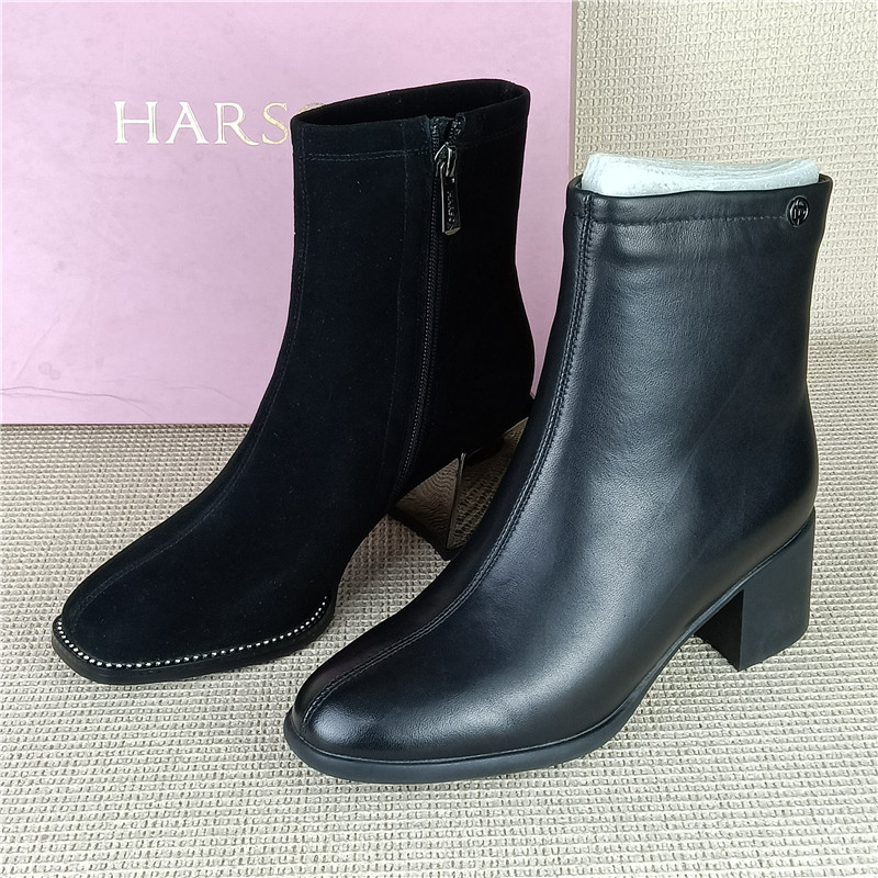 哈森正品撤柜断码处理真皮马丁靴粗跟百搭加绒靴显瘦单里日常短靴