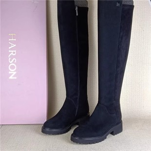 哈森正品 处理真皮靴圆头粗跟侧拉链长靴过膝靴女瘦瘦靴潮 撤柜断码