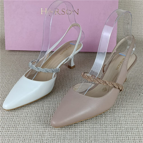 哈森正品撤柜真皮女鞋细高跟尖头水钻一字带包头后空单鞋洋气百搭