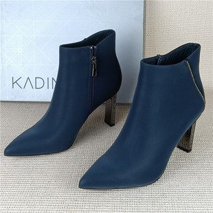 卡迪娜正品撤柜断码处理真皮女靴高跟尖头单里百搭法式加绒女短靴