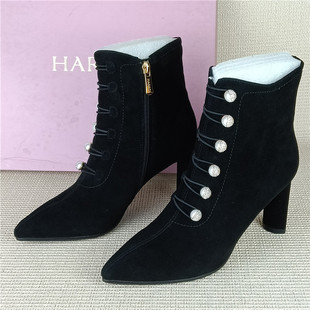 哈森专柜撤柜断码处理真皮女靴高跟尖头气质显瘦黑色单里时装靴潮