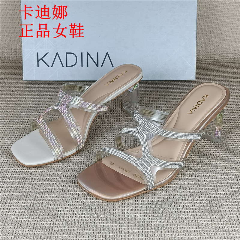 卡迪娜正品撤柜女鞋水钻方头高跟一字拖女夏外穿时装鞋气质凉拖鞋图片