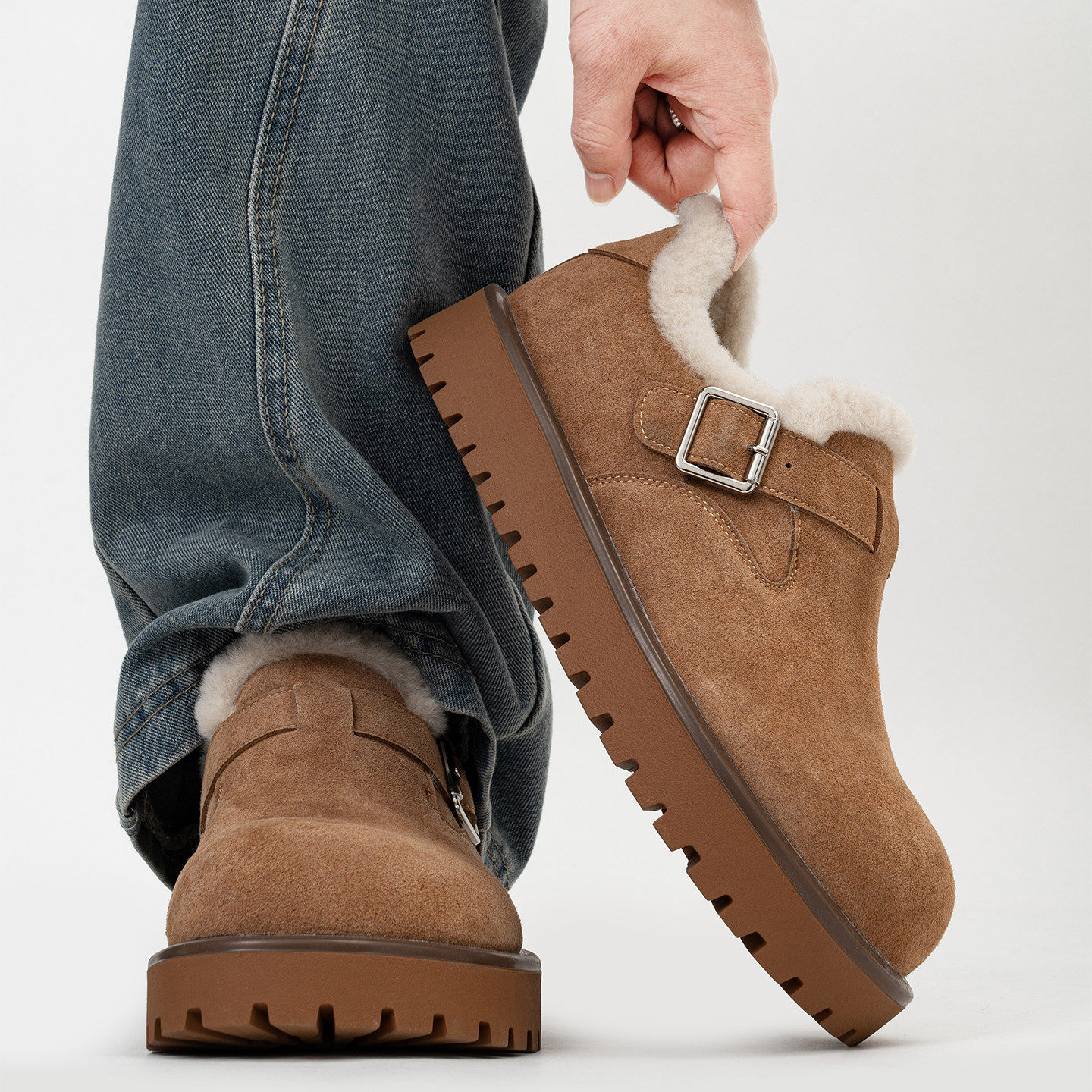 冬季加绒复古乐福鞋男女保暖厚底毛毛棉鞋大头全包搭扣勃肯雪地靴