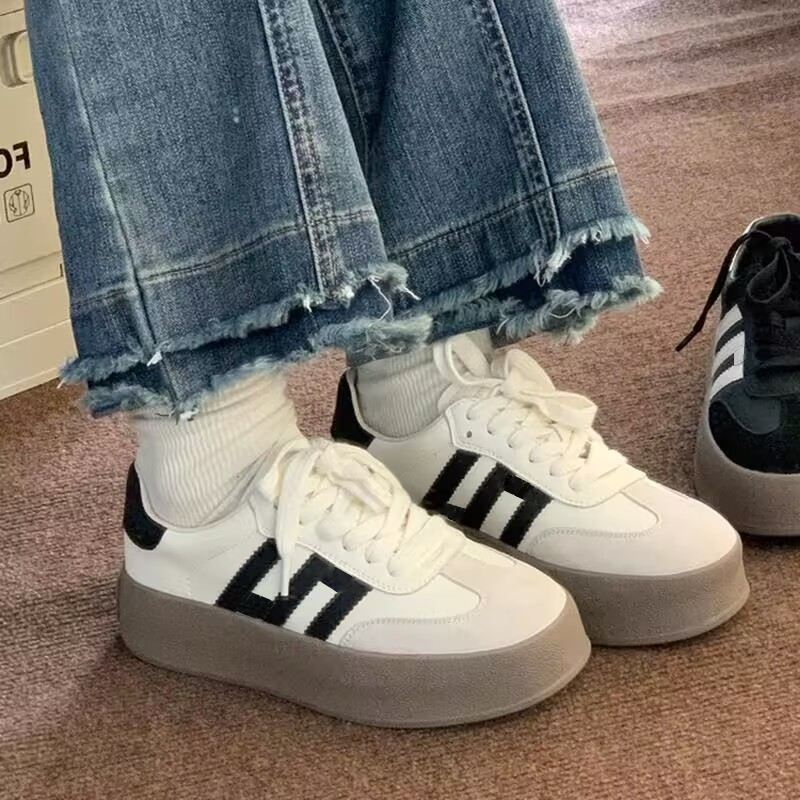 三杠厚底德训鞋真皮女款2025新款复古内增高阿甘鞋潮小众休闲板鞋