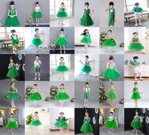 绿色诗歌朗诵学生亮片纱裙合唱服