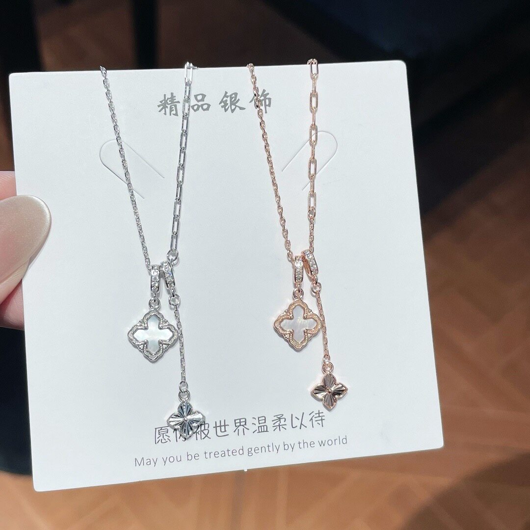 S925银项链白贝四叶花流苏项链不褪色礼盒礼袋新年顺丰4
