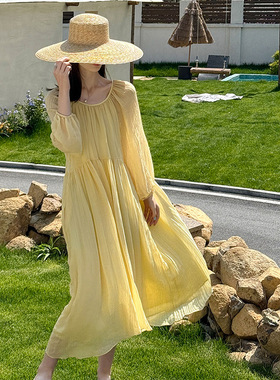 橘芷春夏新款韩系温柔海边度假连衣裙黄色氛围感满满8057