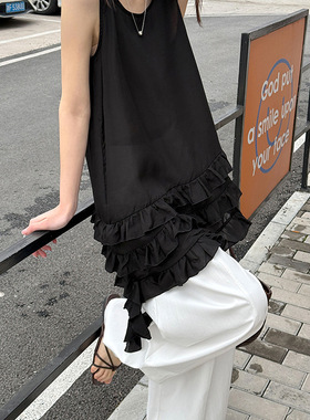 橘芷春夏新款韩系荷叶边垂坠清凉小众气质无袖花边背心9912