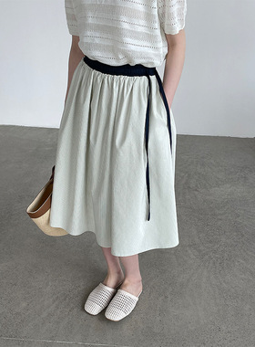 滔川   日系拼色条纹A字伞裙女百搭遮胯大裙摆半身裙D50036