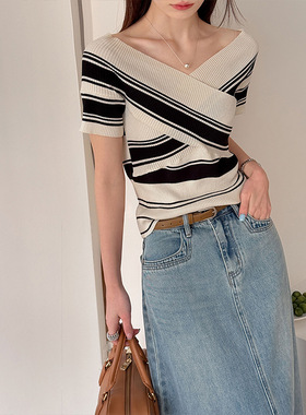 橘芷春夏新款韩系交叉V领修身条纹针织衫一字肩毛衣修身上衣772-1