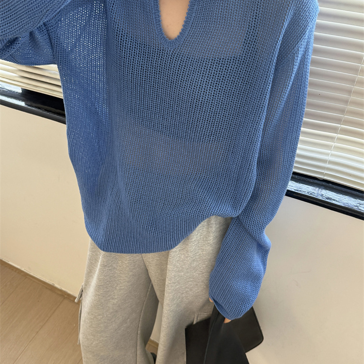 欧洲站2025春季新款欧货慵懒风剪刀口圆领长袖纯色钩花薄针织衫女
