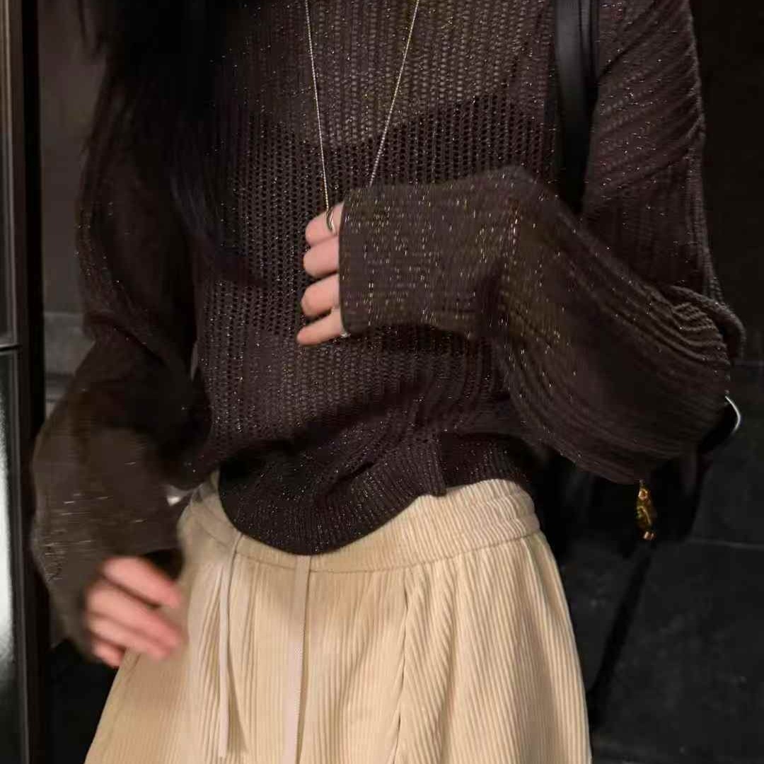 圆领长袖亮丝镂空薄针织衫上衣女