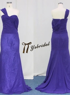 冬季紫色单肩雪纺修身长款小拖尾新娘晚礼服宴会晚装裙