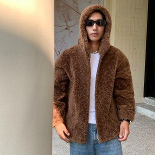 想戎羊羔毛羊剪绒外套男澳洲羊毛颗粒带帽皮毛一体夹克大衣皮草
