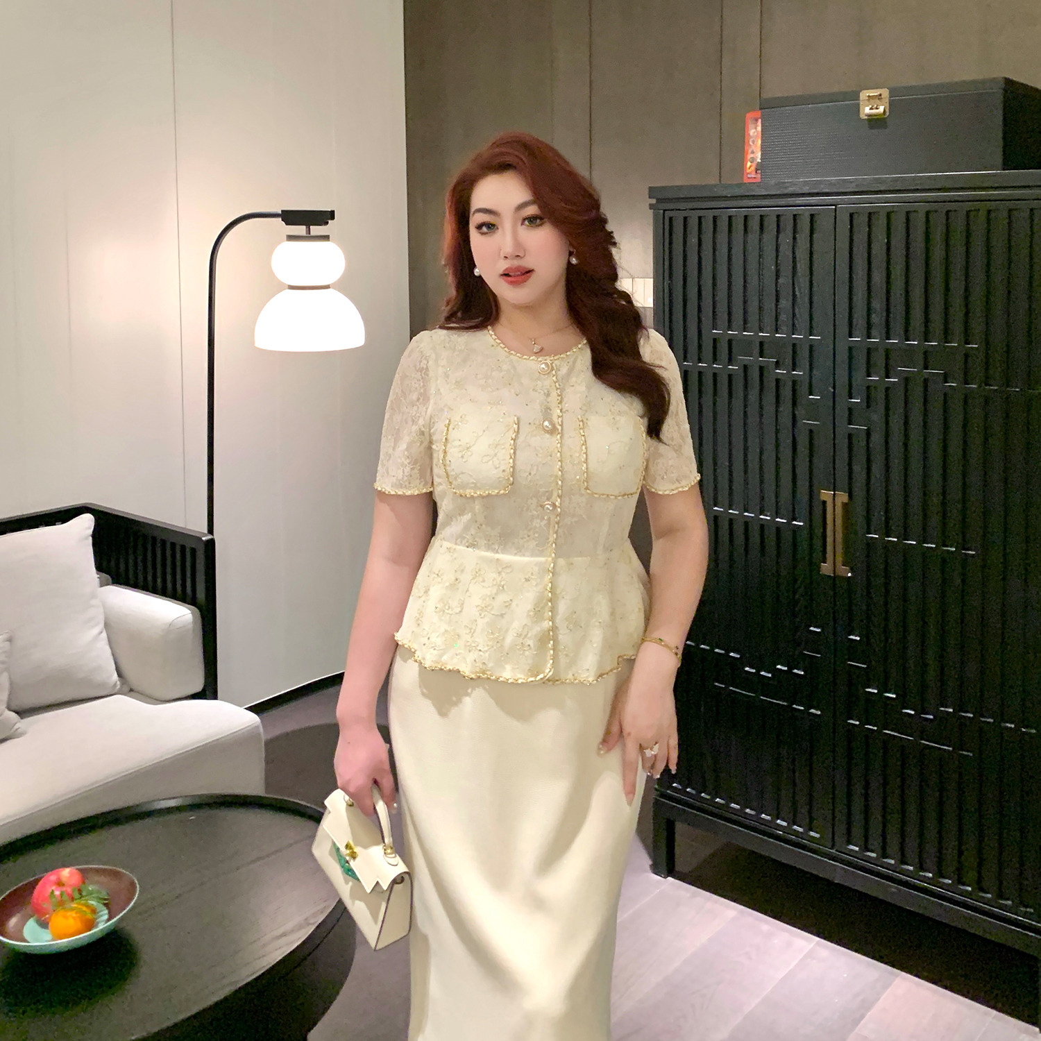 大码女装法式小香风提花连衣裙