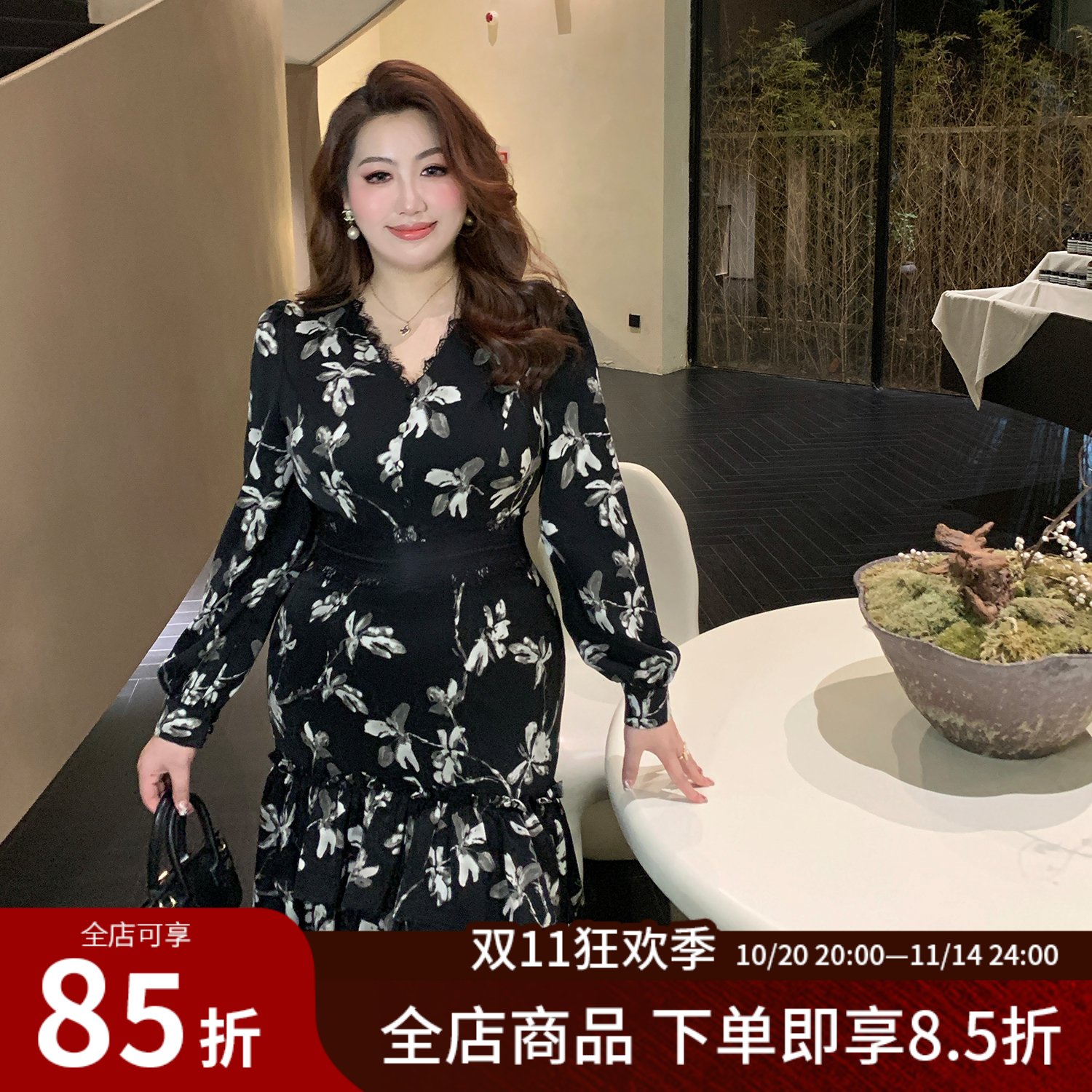 大码女装法式复古荷叶边连衣裙