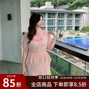 法式 GLEC大码 新款 2025夏季 重工钉珠提花高级感立体玫瑰连衣裙 女装