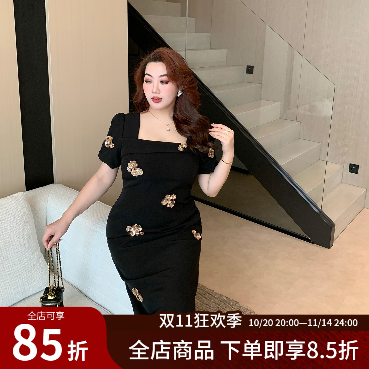 大码女装法式赫本立体装饰连衣裙