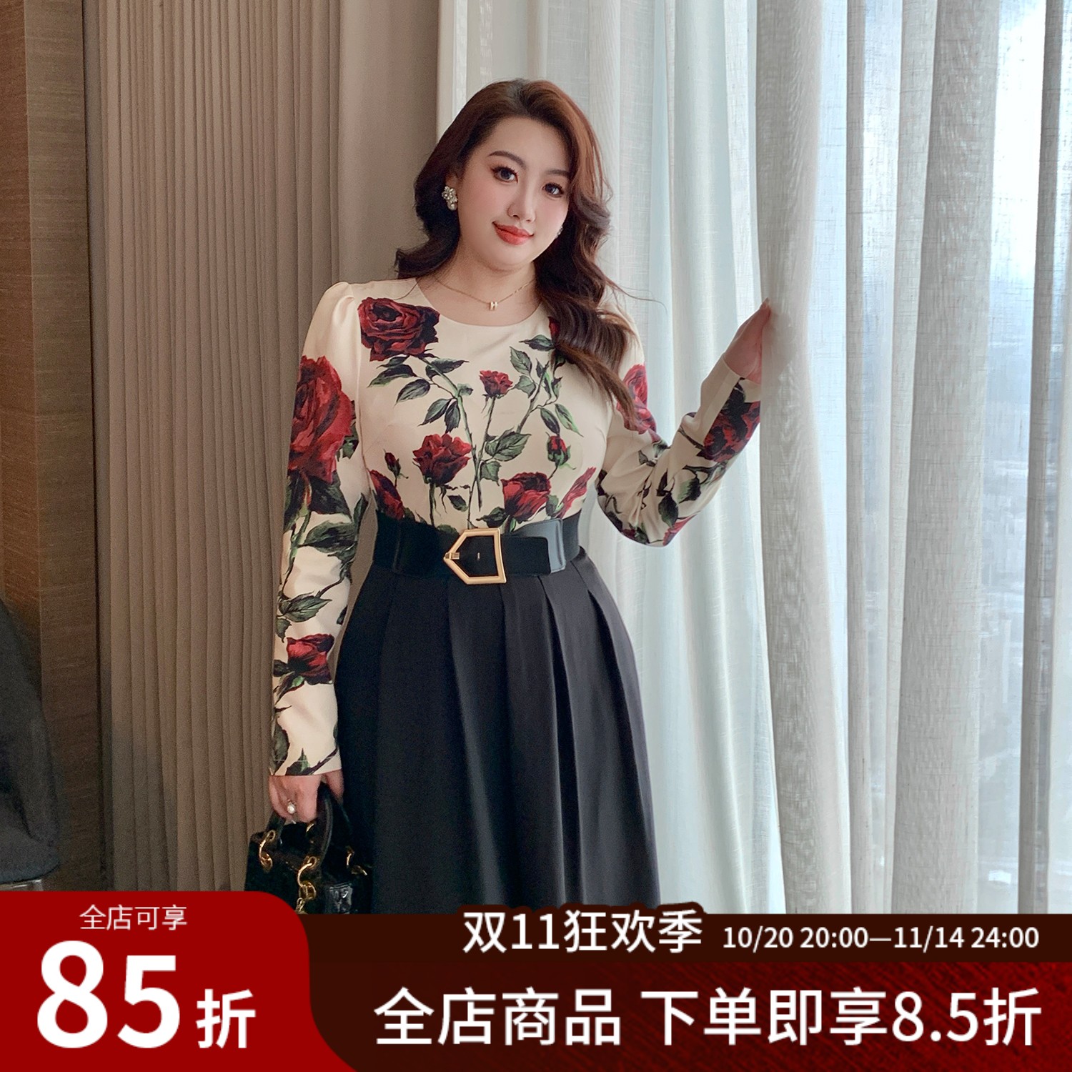 大码女装时尚玫瑰印花拼接连衣裙