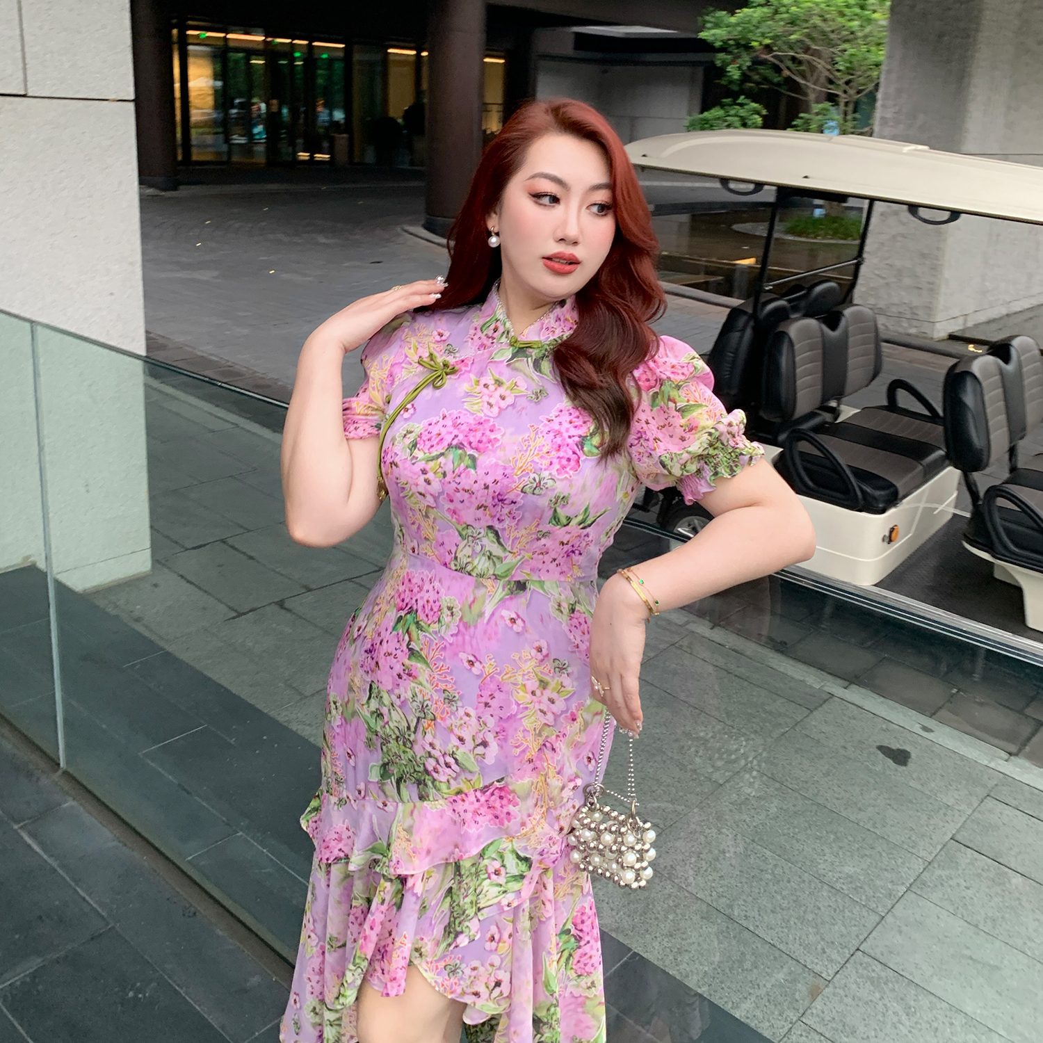 大码女装新中式荷叶边碎花连衣裙