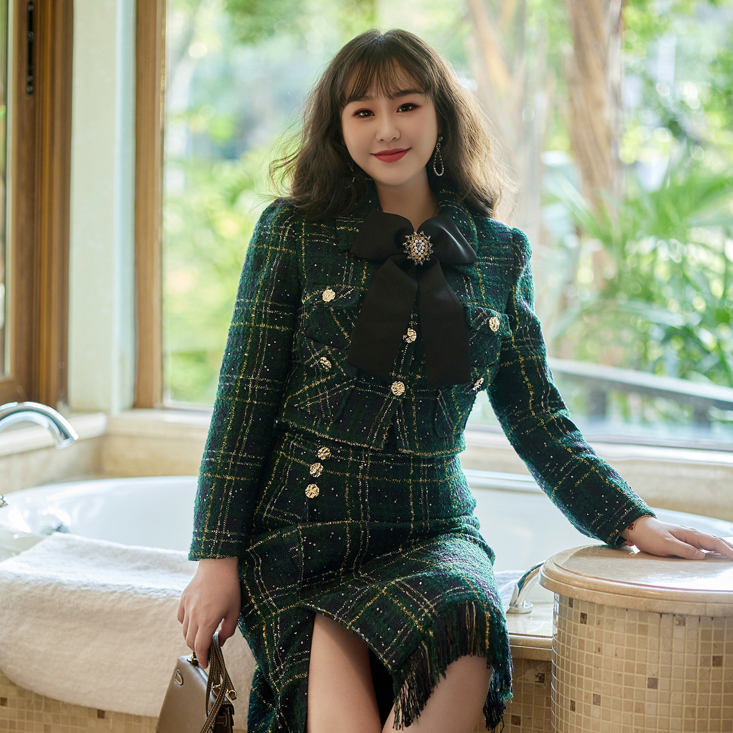 glec大码女装秋冬款胖妹妹显瘦套装小香风时尚两件套外套 半身裙