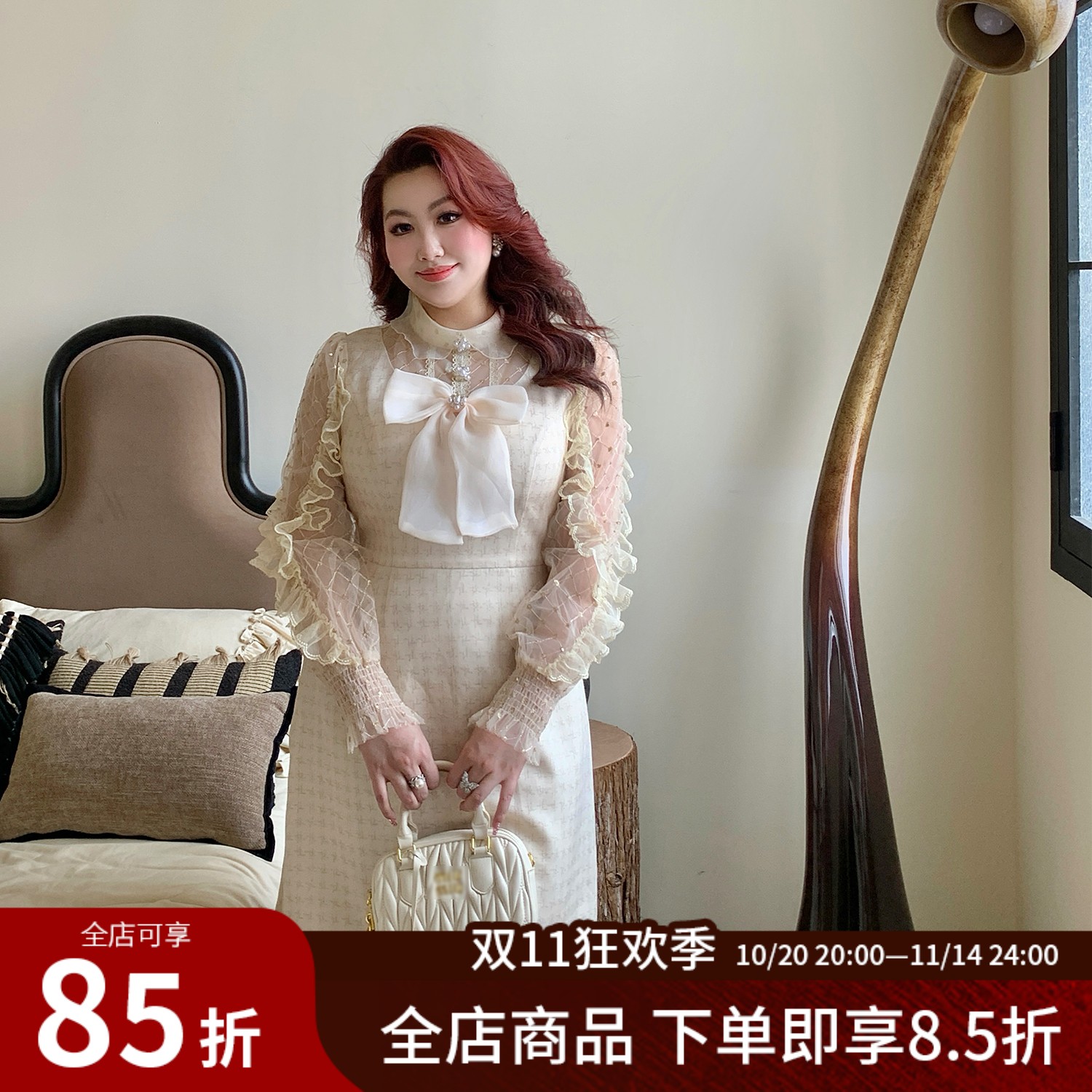 GLEC大码女装2025秋冬装重工钉珠复古小香风蝴蝶结蕾丝拼接连衣裙