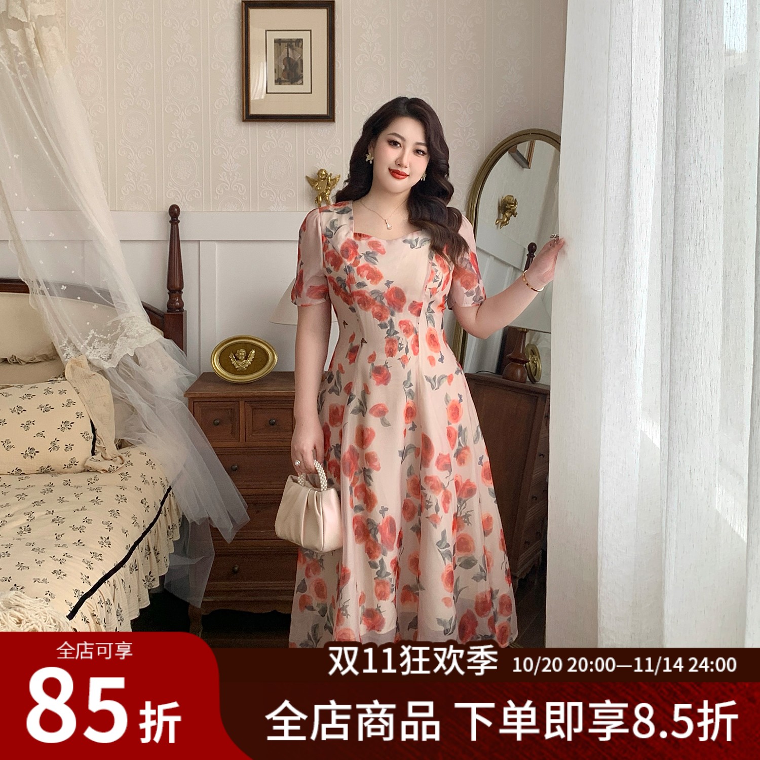 大码女装法式复古优雅碎花连衣裙