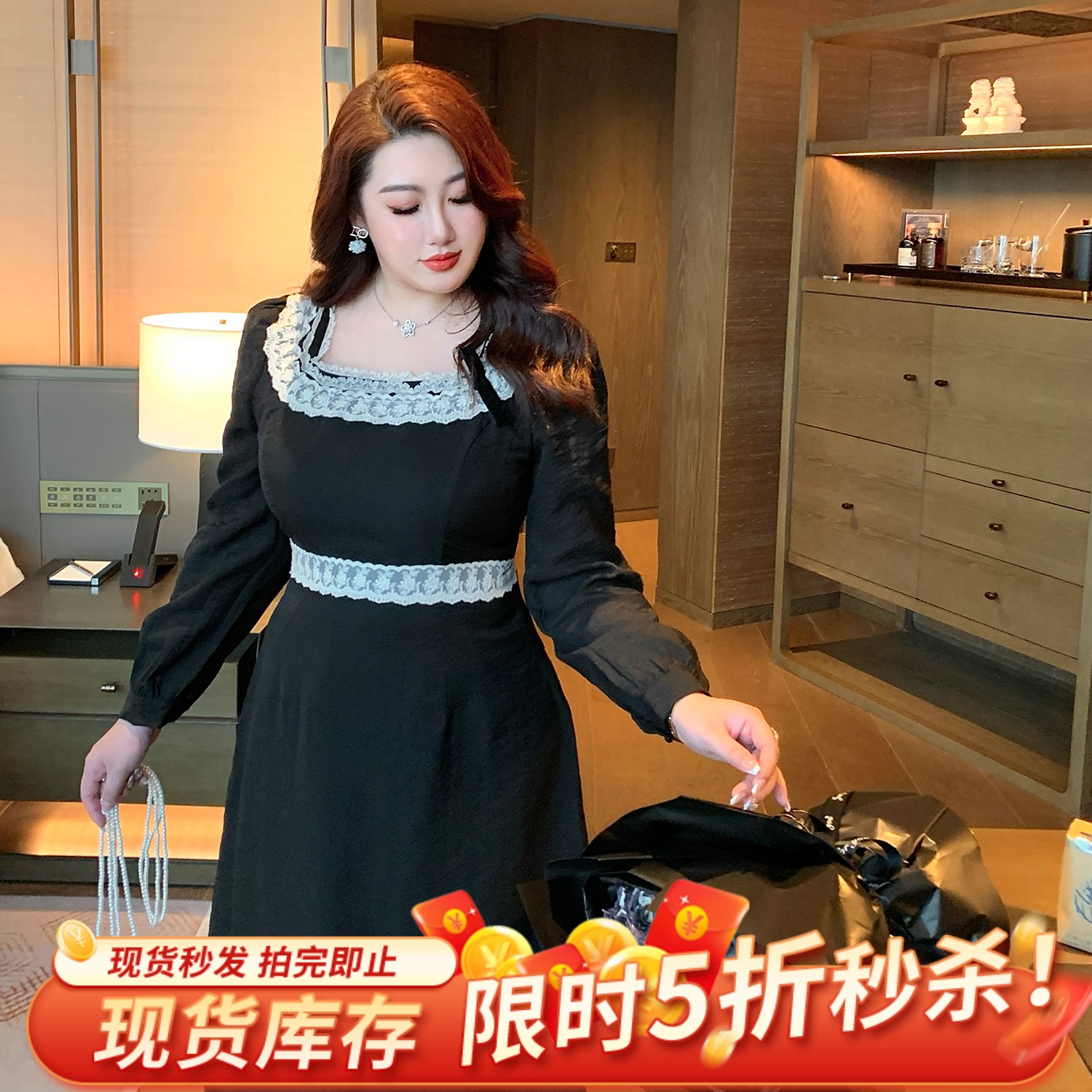 GLEC大码女装2025秋装新款法式复古花边蝴蝶结蕾丝拼接方领连衣裙