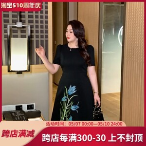 GLEC大码女装2024夏季新款高端气质名媛赫本风印花胖mm圆领连衣裙