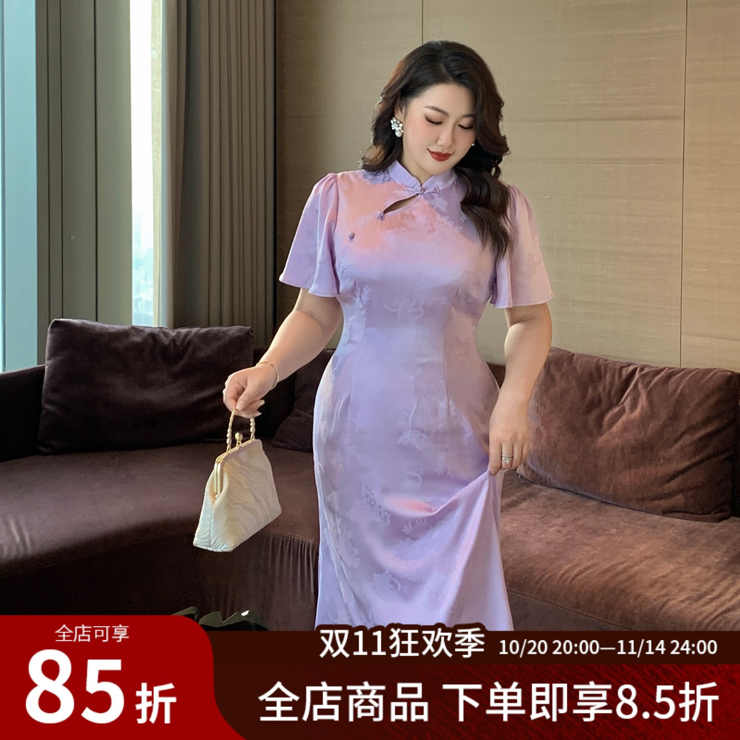 大码女装新中式镂空旗袍连衣裙