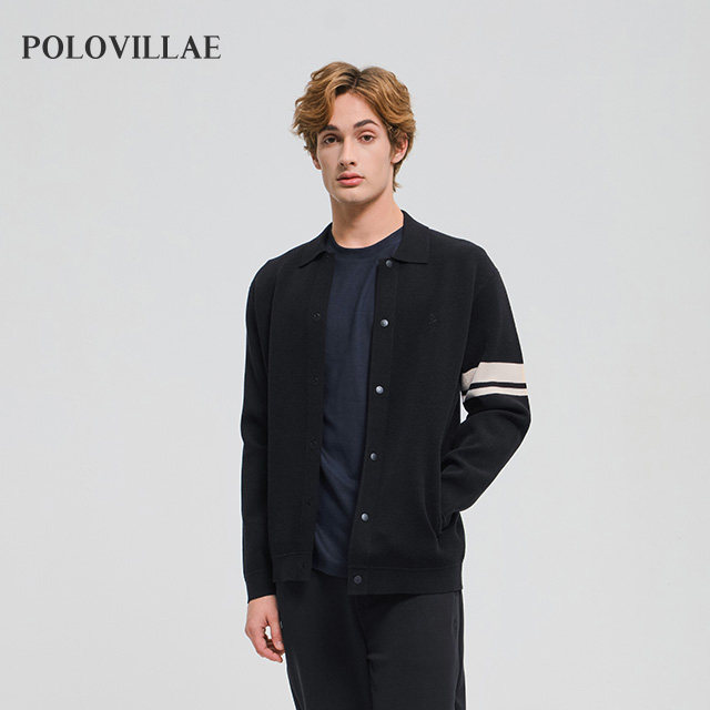 Polovillae保罗男士简约商务黑色针织开衫男通勤外套上衣APQF058