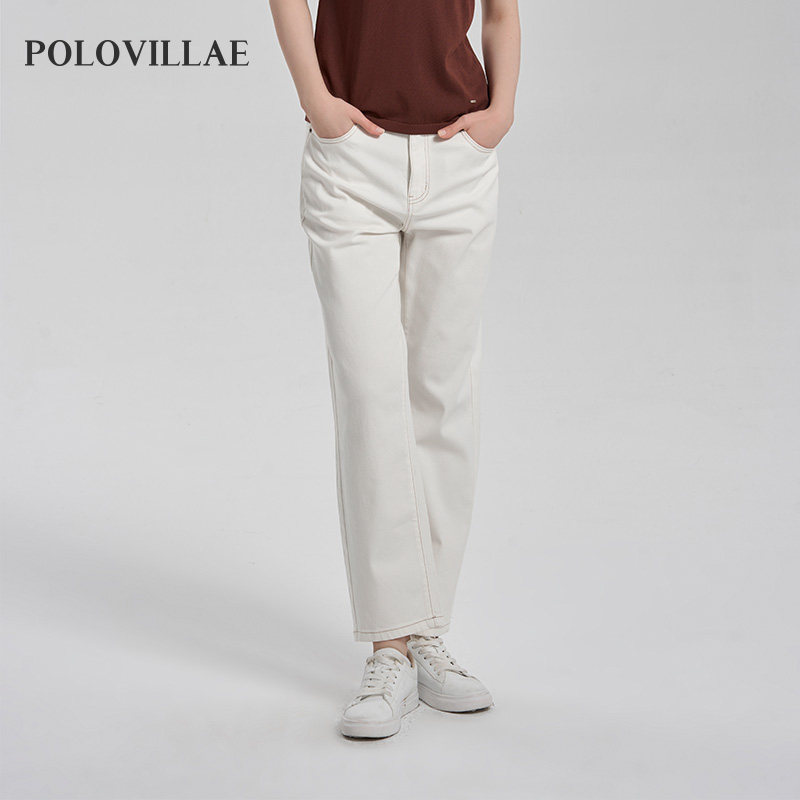 polovillae保罗威特女士时尚通勤米白弹力舒适小脚牛仔裤ANRH809
