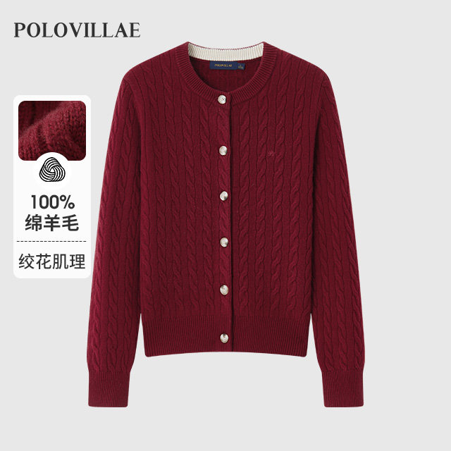 Polovillae女士简约绞花圆领开衫毛衣女通勤大红羊毛衫APQF738