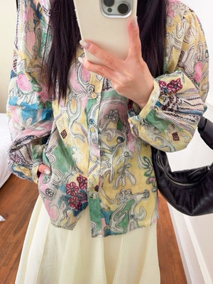 OS浪漫春光泡泡袖苎麻印花衬衫女 宽松百搭上衣