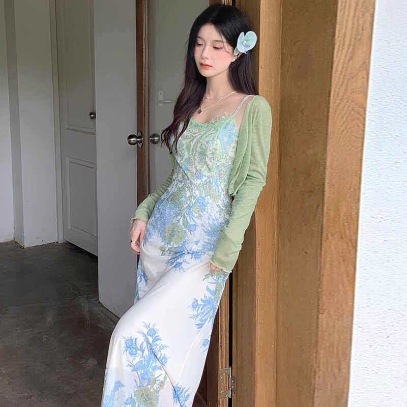 EIA复古提花开衫吊带裙两件套