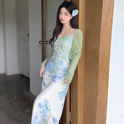 EIA复古提花开衫吊带裙两件套