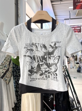 拼接挂脖2026夏季新款美式复古短袖T恤女印花设计感显瘦灰色上衣