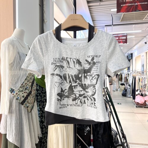 拼接挂脖2026夏季新款美式复古短袖T恤女印花设计感显瘦灰色上衣