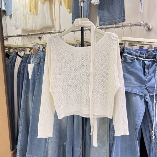 韩版镂空针织衫罩衫蝙蝠袖2026夏季新款挂脖飘带长袖防晒衣90959