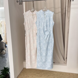 复古风无袖长款旗袍女2026夏季新款日常竹叶提花透气中式连衣裙子