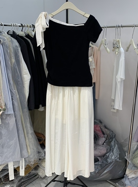 2026夏季新款斜领露肩蝴蝶结绑带短袖T恤时尚阔腿长裤套装26080女