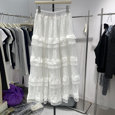 荷叶边网纱蕾丝拼接半身裙女春2026高级感镂空勾花宽松大摆蛋糕裙