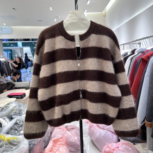 韩系温柔风双拉链毛衣女圆领落肩宽松短款软糯针织开衫外套上衣