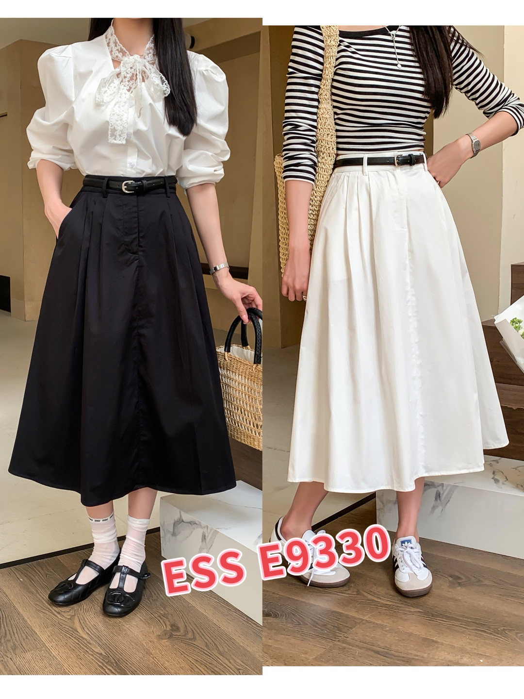 E时尚9330夏季新款小个子a字休闲伞裙女显瘦高腰松紧半身裙中长裙